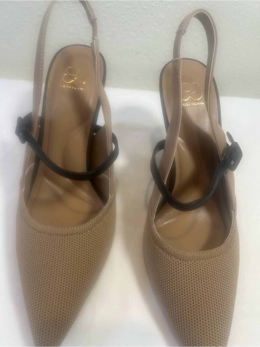 Ghanda Beige Pointed Slingback Pumps with Black Straps